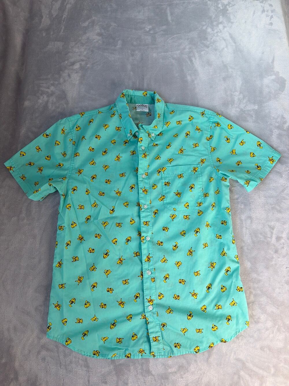 Pokémon Pikachu Short Sleeve Button Up Shirt Mens Medium Mint Green Teal AOP